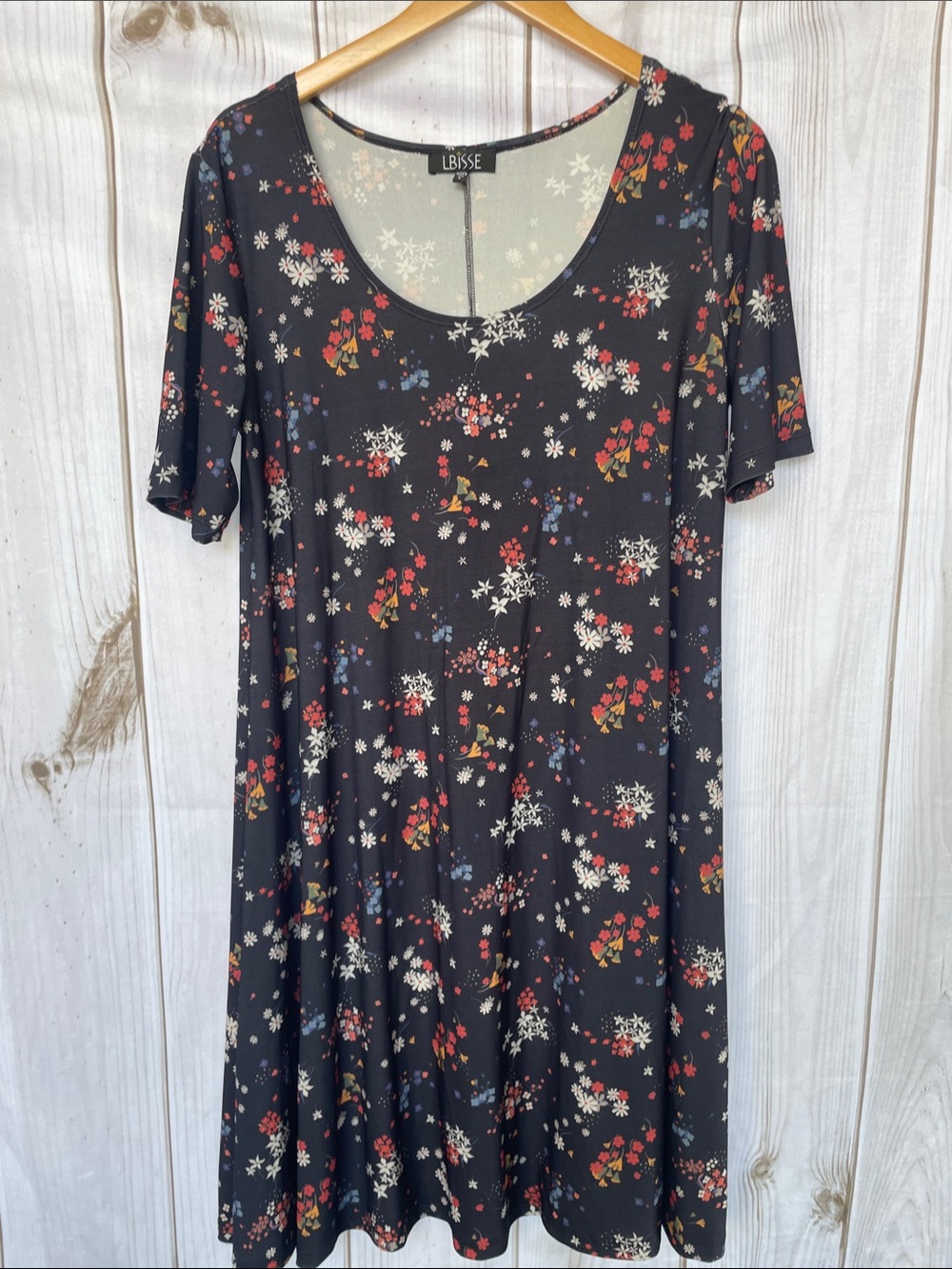 Lbisse Womens Asymmetrical Floral Scoop Neck Swing Knit Dress Misses L 12/14 NEW